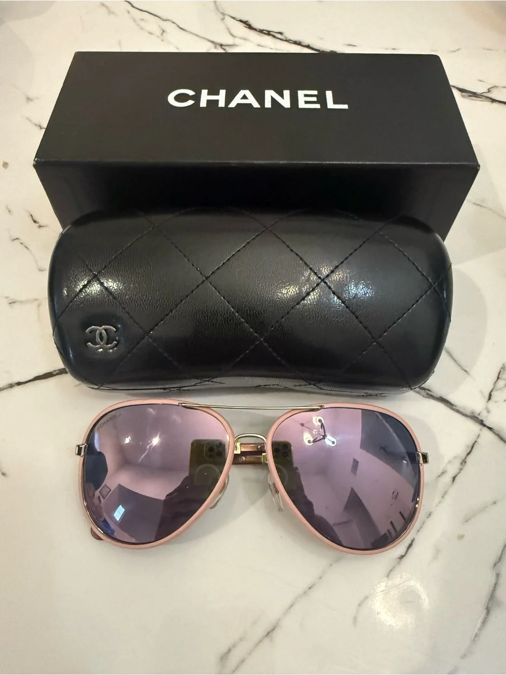 CHANEL Aviator Gold Frame Sunglasses with Pink Leather Trimming & Lenses